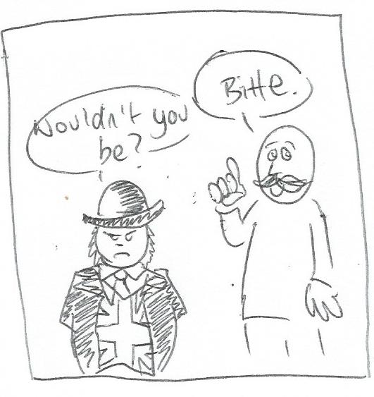 John Bull type character looking grumpy whilst jolly Bavarian says Bitte, he retorts Well wouldn't you be?